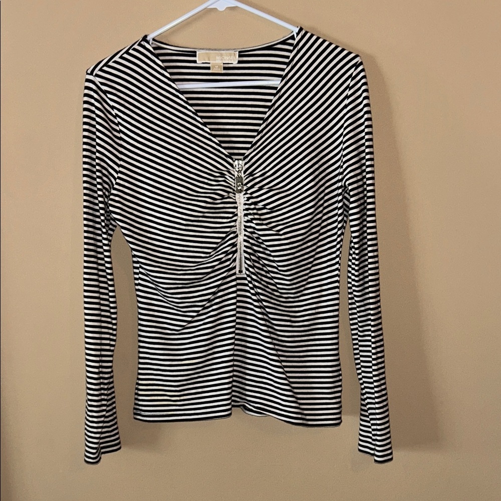MICHAEL Michael Kors Black and White Striped V-Neck Blouse Zip Stretch Ruched